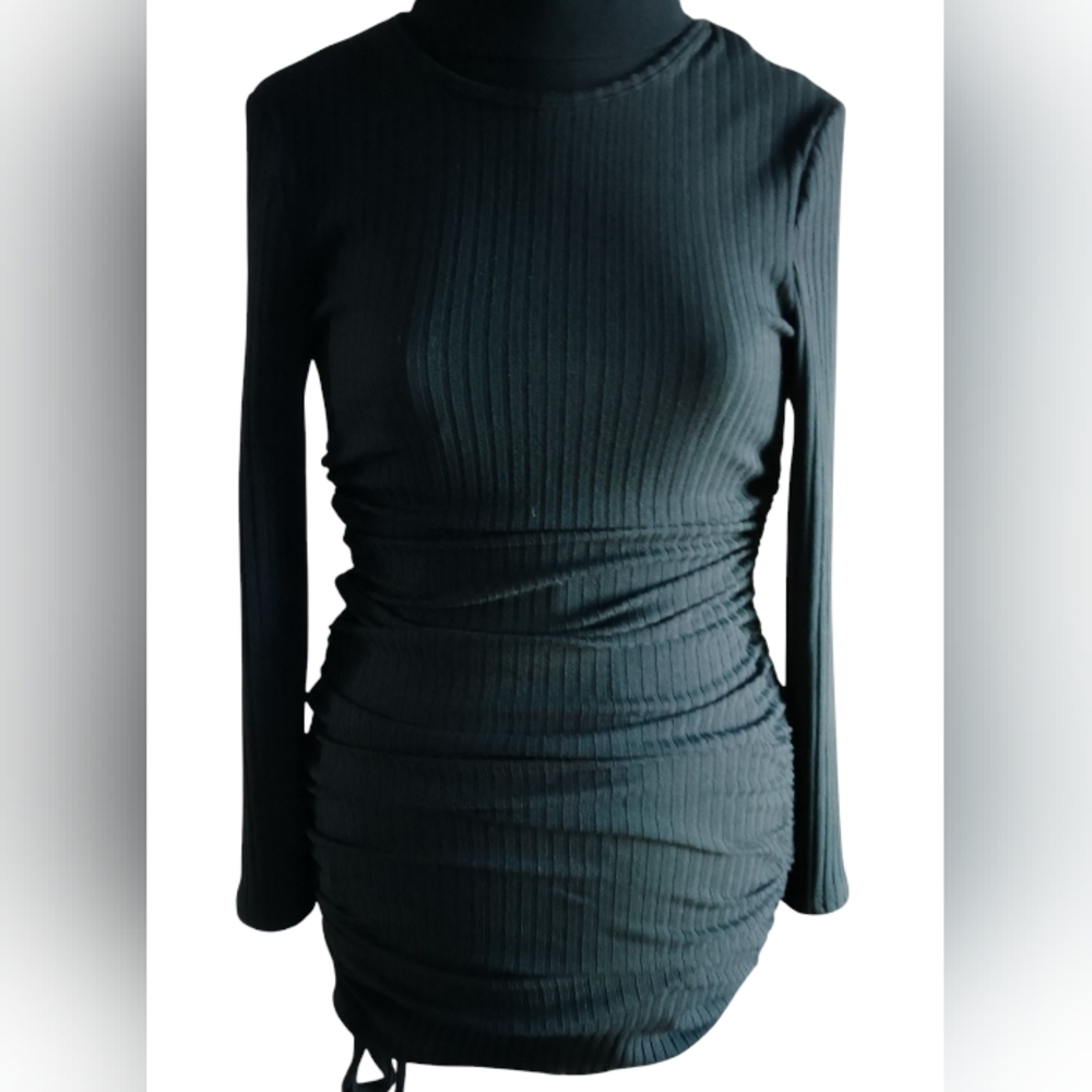 Shein Black Ribbed Long Sleeve Drawstring Ruched Dress Medium